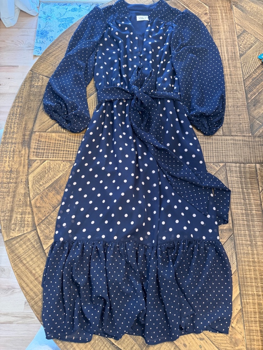 Eliza J Navy Polka Dot Tie-Waist Midi Dress